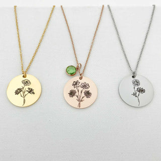 Combined birth flower necklace with birthstone