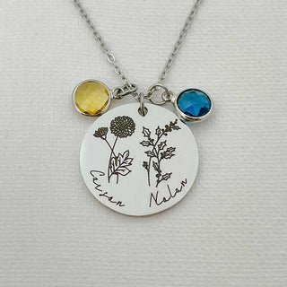 Combined birth flower birthstone necklace