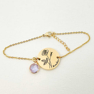 Custom birth flower birthstone gold bracelet