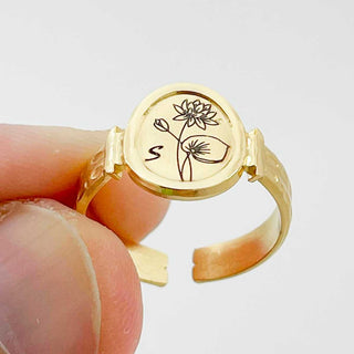 customized birth flower ring with initial