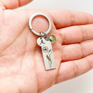 Engraved birth flower birthstone keyring