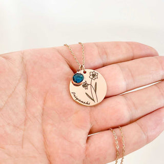 Engraved birth flower birthstone necklace