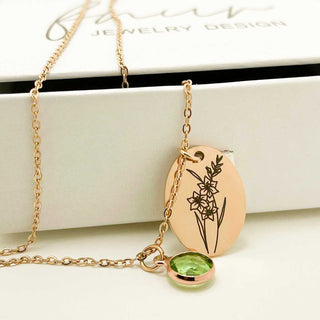 engraved birth flower birthstone oval necklace