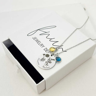 Engraved birth flower bouquet necklaces