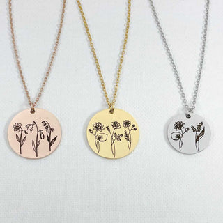 engraved birth flower bouquet necklace