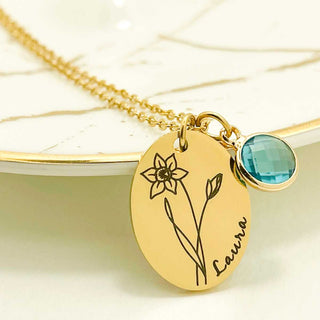 Oval birth flower birthstone necklace