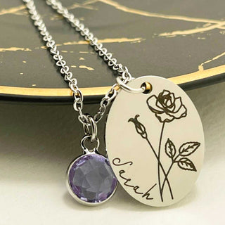 oval birth month flower birthstone necklace