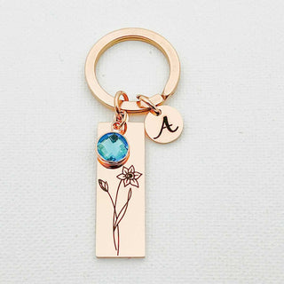 Personalized birth flower birthstone rose gold keychain