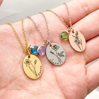personalized birth flower oval necklace