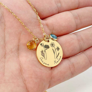 Personalized combined birth flower necklace with birthstones