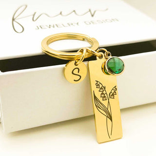 Customized birth flower birthstone gold keychain