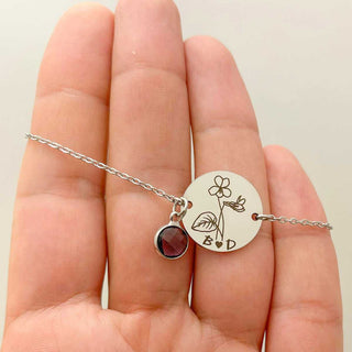 Customized birth flower birthstone silver bracelet